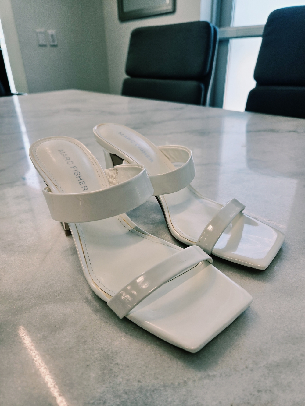 Marc Fisher White Patent Double-Strap Square-Toe Mid Heel Mules